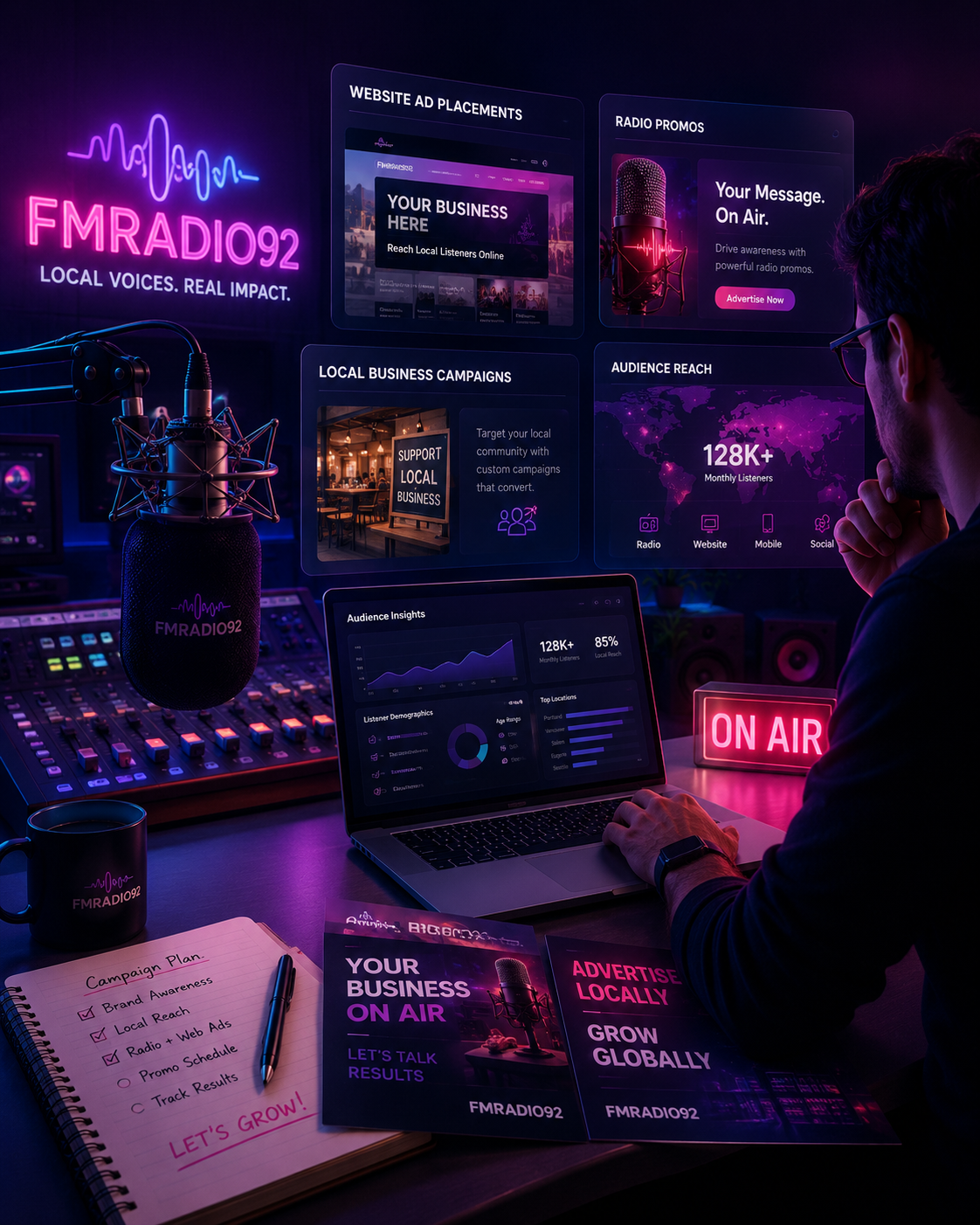 FMRadio92 local business advertising, website placements, radio promos, and audience reach dashboard