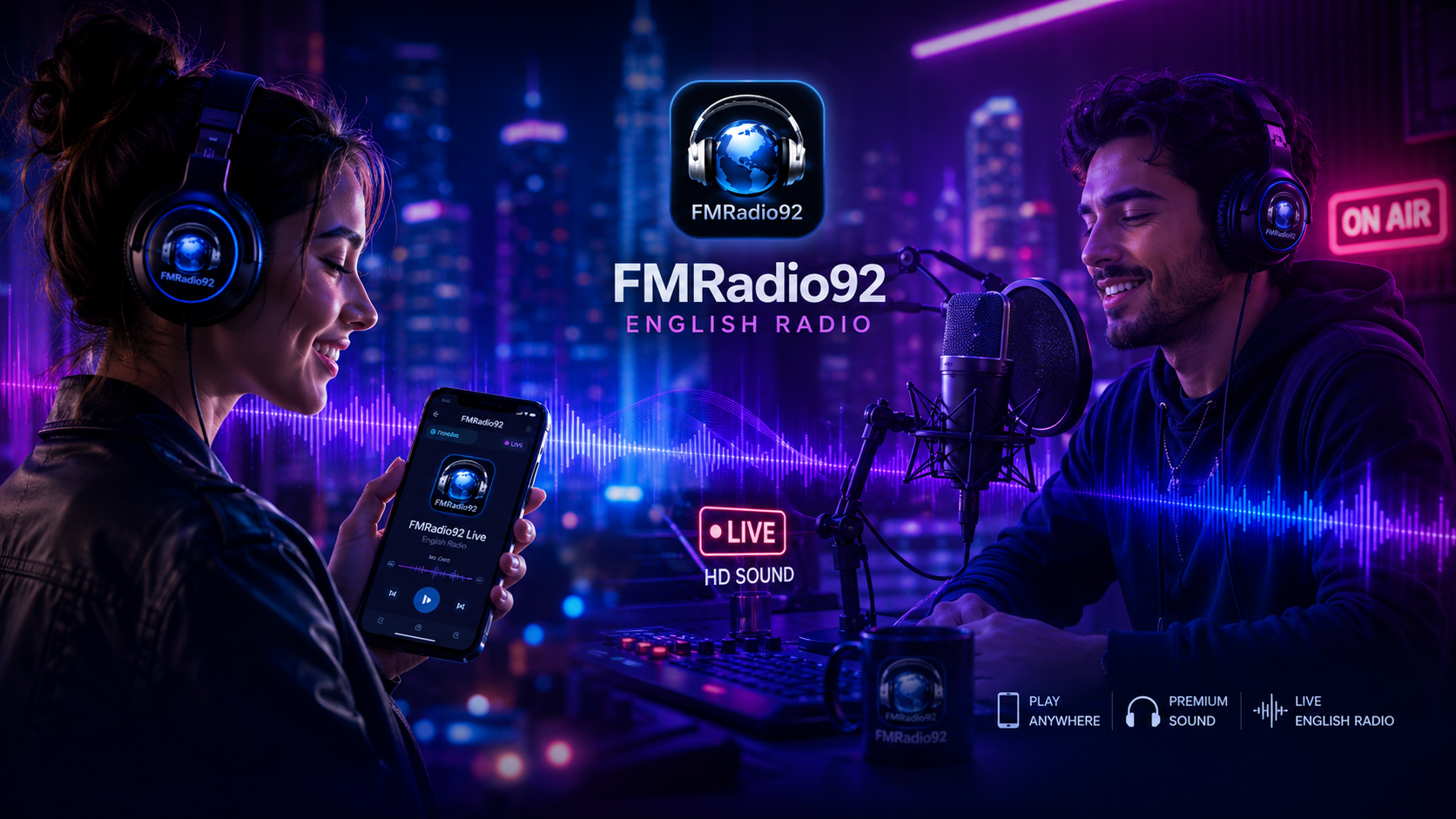 FMRadio92 English radio live streaming with headphones and HD sound