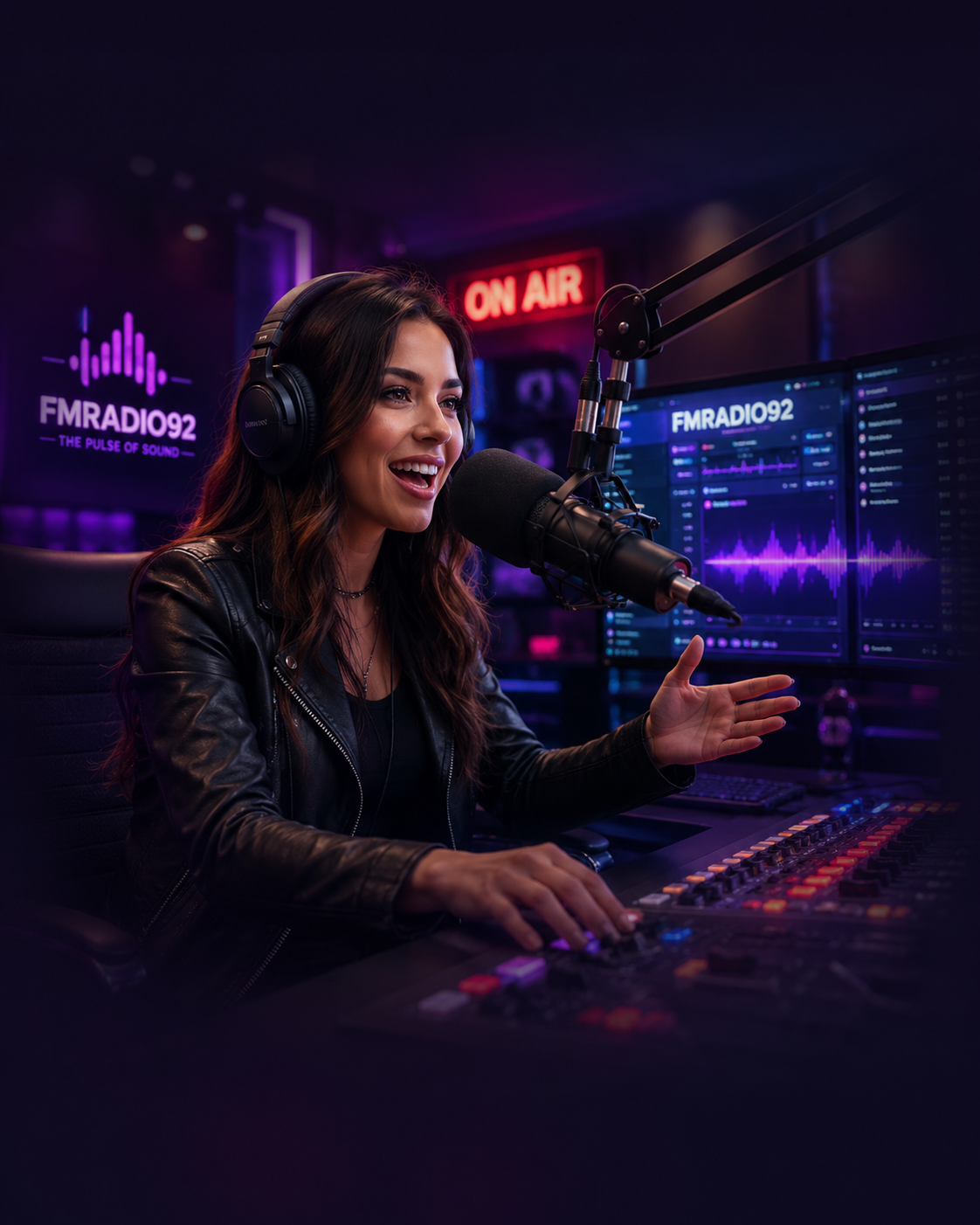 FMRadio92 studio host broadcasting live with microphone and headphones