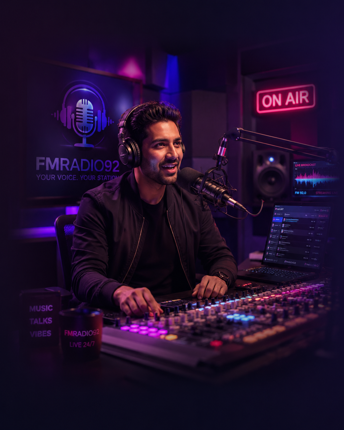 Professional radio DJ setup at FMRadio92 with on-air lights and broadcast controls