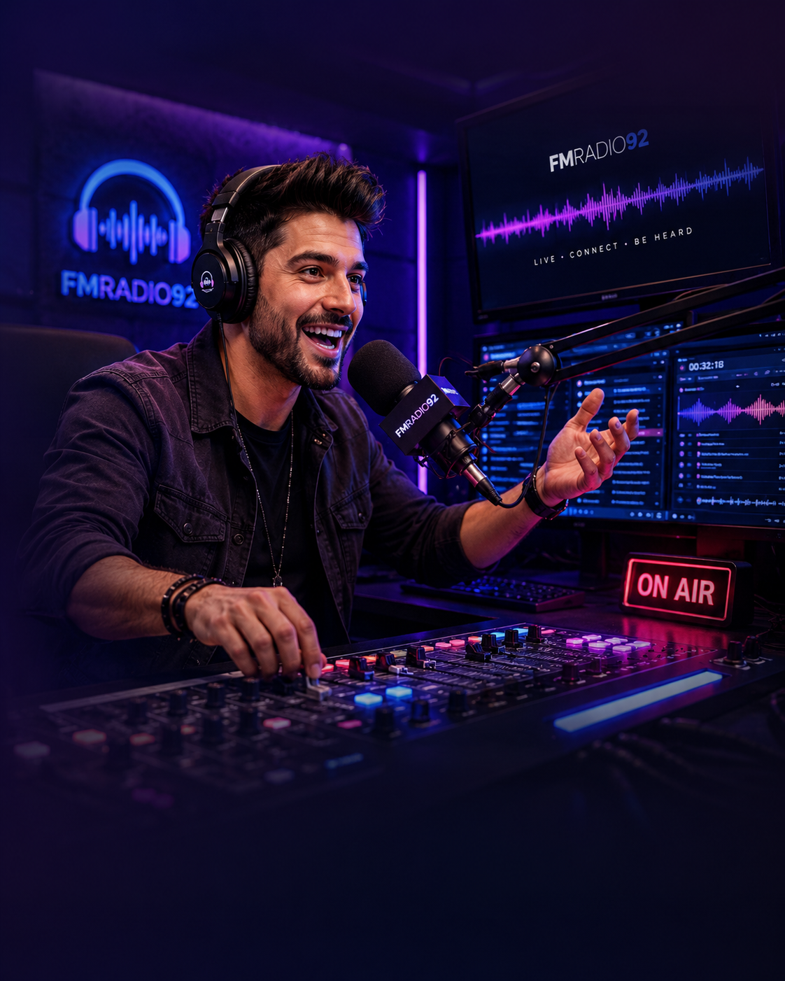 Excited FMRadio92 broadcaster hosting a live show in a modern radio studio